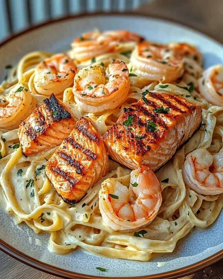 Fettuccine Alfredo au saumon grillé et aux crevettes