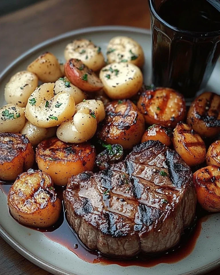 Recette de Steak, Pétoncles et Crevettes avec Pommes Rôties