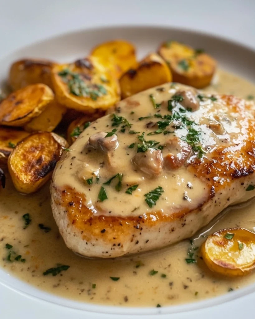 Côtes de porc sauce crémeuse aux champignons avec pommes de terre rôties.