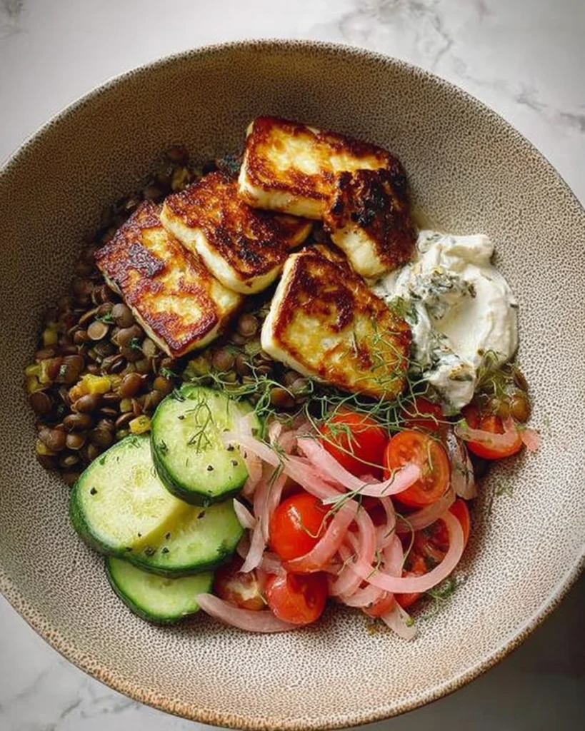 Bol d’été avec halloumi au miel chaud