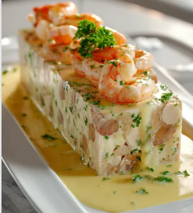 Terrine de Saint-Jacques, Saumon et Crevettes à la Crème Citronnée