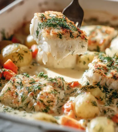 aumon crémeux au four aux pommes de terre rôties et à l’aneth