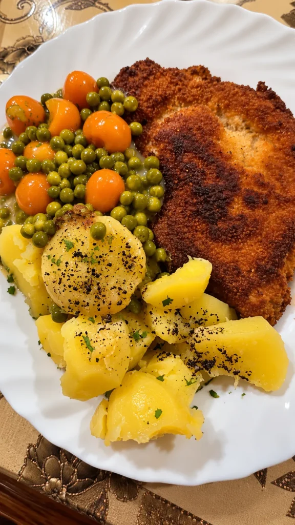 Knuspriges paniertes Schnitzel mit Salzkartoffeln, Erbsen und Möhren